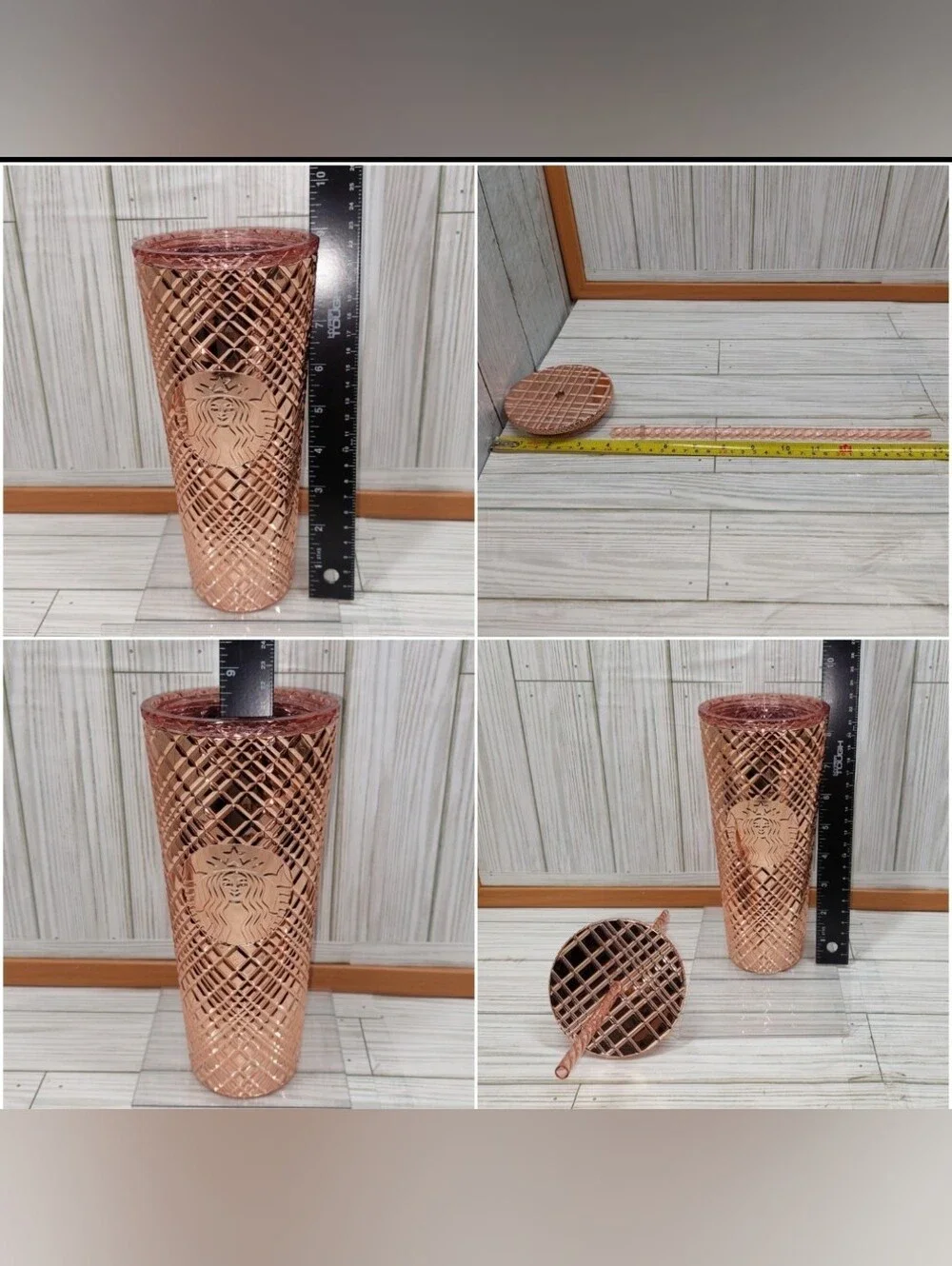 Starbucks 24oz Reflective Acrylic Rose Gold Diamond Textured Lid & Straw Tumbler